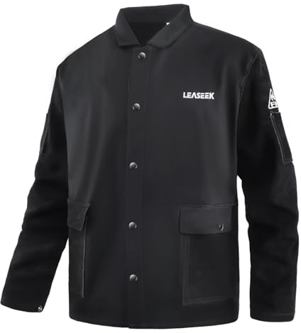 LeaSeek Schweißerjacke - FR Baumwoll Arbeitsjacke mit Ledermanschetten | Schweisser Jacken, Flammhemmende Baumwolle, Lederärmel, Feuerfest, 4 Taschen, für Schweißen & Elektriker,Größe S-4XL