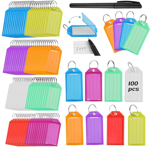 100 Pièces Porte Etiquette Clef, Portes Etiquettes de Portes Cles avec Anneaux, Porte Clés Couleur étiquette Inscriptibles pour Identificateur de Clé de Porte, Valise, Hôtel, 8 Couleurs