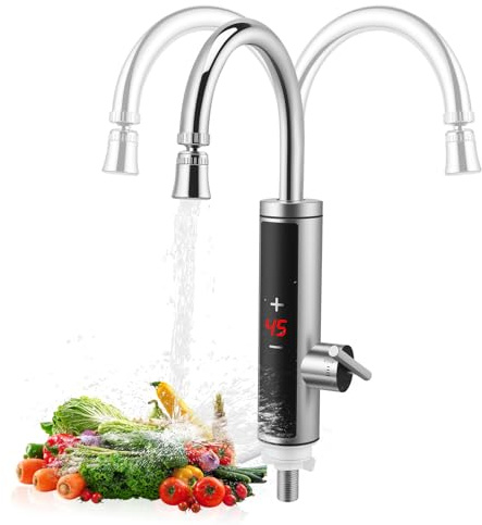 Wasserhahn mit Durchlauferhitzer Küche, 220V Elektrischer Wasserhähne mit Flexibler Auslauf und LCD Temperaturanzeige, 360º Drehung Silikonschlauchhahn, 304 Edelstahlgehäuse Wasserhahn (04)