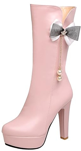LarDorLin Talons Hauts Plateforme Bottes Femme Mi-Mollet Harness Mode Bout Rond Bridal Elegant Slouchy Bottines Bowknot Rose Taille 35 EU