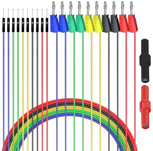 HAAMNING7 4mm Banana Plug Jumper Wires Set, 4mm Stackble Banana Male Plug to Breadboard Male Jumper Wire Soft Silicone Flexible Test Leads, with 4mm Banana Plug Coupler (10 Pack)