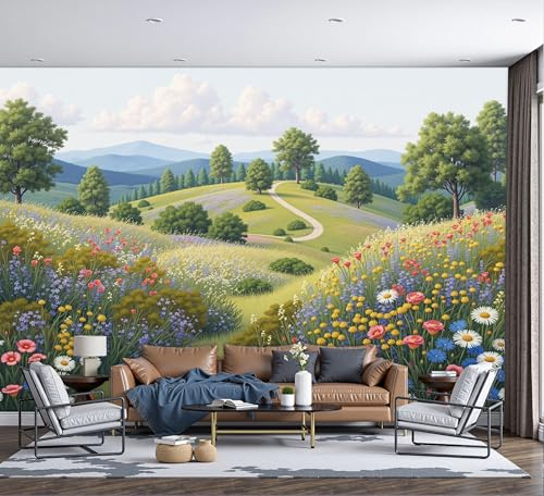 Papier Peint Panoramique Parterres De Fleurs Prairies Chemins, Papier Peint Illustration De Paysage Pastoral, Fresque Murale Soie Décoration Murale Pour Salon Chambre Bureau 400x280cm (Non Adhésif)