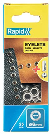 Rapid Ösen 6 mm, 25 Stk. Set inkl. Einschlagwerkzeug | Mit Einschlagwerkzeug; 6 mm Durchmesser; 25 Stück; Silber; aus Stahl; für DIY Projekte; Verzieren von Kleidung & Stoffen