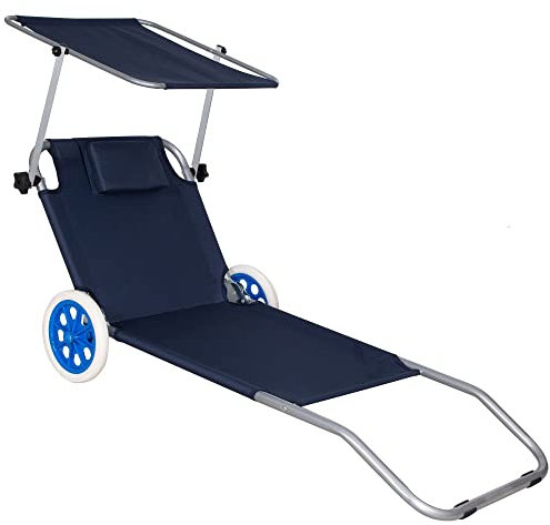 SPRINGOS Lettino prendisole con ruote, tettuccio e poggiatesta, portata fino a 120 kg, borsa rete, da giardino, sdraio pieghevole, schienale regolabile in 5 posizioni, sedia rotelle, mobile