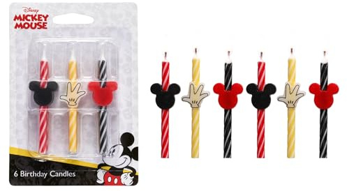Disney's Mickey Mouse Birthday Cake Candles | 6 Birthday Candles for Cake Decorations, Red, Yellow & Black Stripe Candles for Mickey Mouse Party