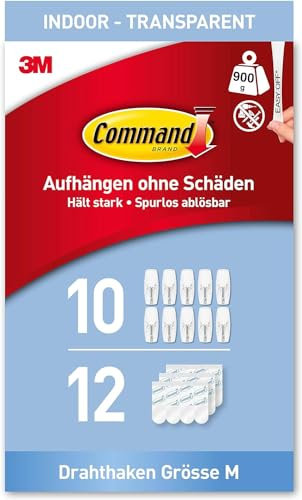 Command Haken zum Aufhängen, 10 Transparente Haken mit Metallspitzen, 12 Klebestreifen, Strips – Organisieren ohne Löcher und Bohren