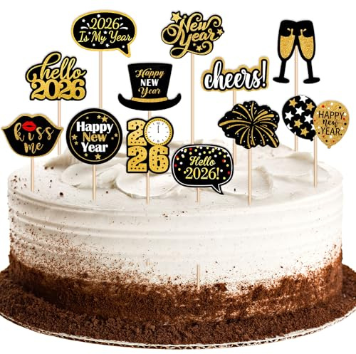 DPKOW 24 Stück Happy New Year Tortendeko 2026 Cupcake Topper Picks Muffin Deko Cake Topper für Silvester Deko 2026 Kuchendeko Silvester Party Tischdeko