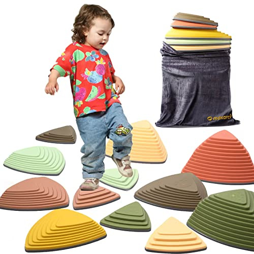 makarci Stepping Stones for Kids 12pcs Obstacle Courses Play Indoor Outdoor, Full Rubber Rim Plastic Hilltop for Kids Balance and Integration Improvement Age 3 4 5 6 7 8 + (Forest)