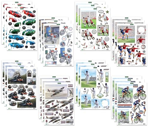 Katy Sue for The Guys 3D Die Cut Decoupage Sheets for Card Making. A Pack of 24 Pre Cut Sheets of Cars, Motorbikes, Spitfire, Trains, & Sports Die Cuts for Card Making Supplies