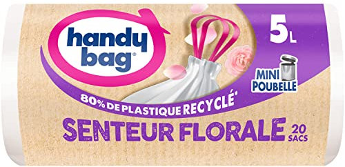 Handy Bag - Rotoli di 20 sacchetti per la spazzatura del bagno, profumo floreale, 5 l, 80% plastica riciclata, chiusura con lacci, adatti per mini bidoni, 34 x 34 cm