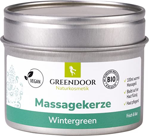 GREENDOOR Natur Massagekerze Wintergreen 100ml, frischer anregender rein natürlicher Duft und BIO Öle, vegan, rußt nicht, Naturkosmetik Geschenke Sportler Sport Massage-öl, Peta approved