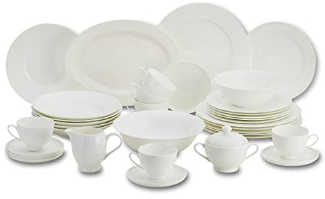 Peill+Putzler Germany, Kombiservice für 6 Personen Bone China Porzellan 30-teiliges rundes Geschirrset weiß, klassisch 6xDessertteller 6xKaffeetassen 6xKaffeeuntertassen 6xSpeiseteller 6xSuppenteller