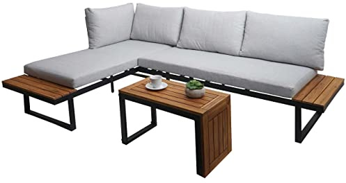 Mendler Garten Garnitur HWC-L27 Alu - hellgrau | Sitzgruppe, Lounge-Set, Sofa, Spun, Poly, Akazie, Holz