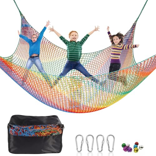 HOEE Kids Playground 9.8 x 9.8Ft Climbing Cargo Net - Kids Playground Safety Net,Polyester Double Layers Rope Bridge Net for Tree House and Outdoor Adventure（Rainbow）