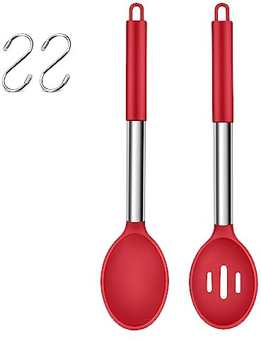 Herogo Set di 2 cucchiai da cucina in silicone e cucchiaio fisso per mescolare, servire, scolare, resistente al calore e antiaderente, lavabili in lavastoviglie (rosso)