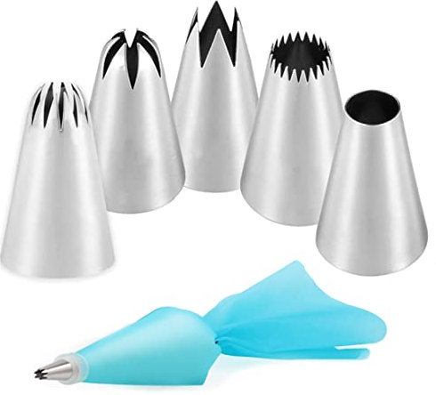 XPEX Confezione da 6 ugelli in Acciaio Inossidabile, Accessori per Pasticceria, 5 ugelli e 1 sac à Poche Riutilizzabile in Silicone per Decorare Torte, Dessert, Biscotti, pasticcini