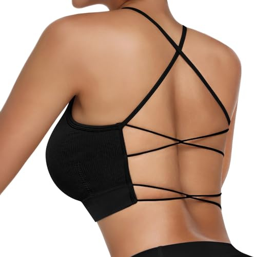 Vertvie Dam sport-BH vadderad crossback yoga sport bh, spagettiband, korsad ribbad bustier utan bygel, ventilerande bh med avtagbara kupor, 1 st. svart, XS