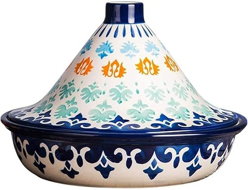 KEOHVEY Marmite en céramique tajine Peinte à la Main, cocotte de Cuisson et de mijotage, mijoteuse Marocaine Faite à la Main adaptée à de Cuisson et réglages de température-White Blue