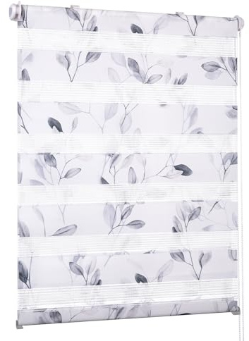 Deswell Doppelrollo Klemmfix ohne Bohren Weiß-Blätter B40 x H140 cm (Stoffbreite 36cm) Rollos für Fenster ohne Bohren mit Blüten Motiv Duorollo für Lichtdurchlässig Höhe Stufenlos Verstellbar