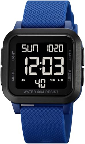 findtime Reloj digital cuadrado LED con números grandes para hombre y mujer, unisex, reloj deportivo digital con alarma, temporizador, doble hora, cronómetro, 12/24 horas, azul y negro, Pulsera