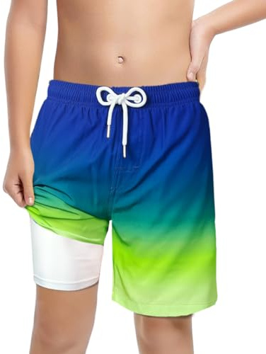 LUCOWEE Boys Swim Trunks Boxer Brief Lined Anti Chafe Swimming Shorts Bathing Lakewear Sandless Stretchy Adjustable Drawstring Quick Dry UPF 50+ Gradient Royal Neon Size 14 16