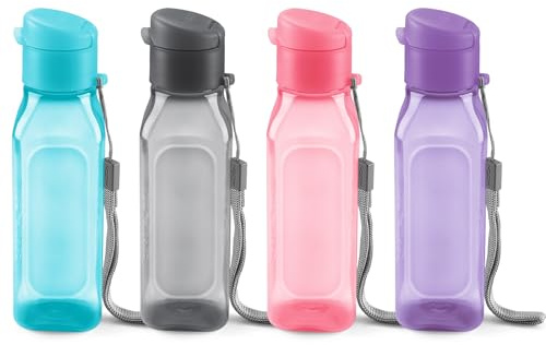Bulk Set of 4 10oz Multicolor Water Bottles for Kids and Adults - Leak Proof With Carry Strap - Square Reusable for Juice, Drinks - BPA-Free Dishwasher-Safe