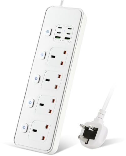 Extension Lead with USB Slots, 4 Way Sockets Outlets with 4 USB-C Ports and 2 USB Ports, 3250W Individual Switches 1.8M Extension Cable with Protected Power Strips, UK Multi Plug Adapter