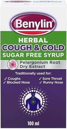 BENYLIN® Herbal Cough & Cold Sugar Free Syrup (1x 100ml), Traditional Herbal Medicine, with Pelargonium Root Dry Extract to Relieve Runny and Blocked Noses, Coughs and Sore Throats