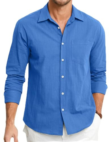 HISDERN Camicie in Lino Uomo Blu Manica Lunga Causal Bottoni vestibilità Regolare Estiva Leggere Camicia Spiaggi Shirts L