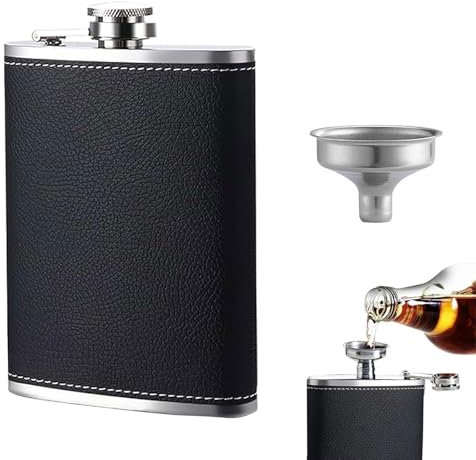 Cuir Flasque a Alcool Portable, 8oz/227ml Flasque à Whisky, Flasques à Hanche pour Les Voyages, Acier Inoxydable Noir Cuir Flasques Avec Entonnoir, Fiole Alcool Pour Voyage Pêche Camping et Escalade