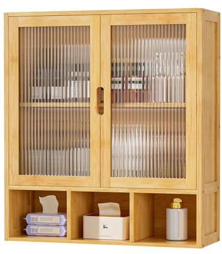 YORBAY Armario de Baño Pared con 2 Puerta Magnética Transparente y Compartimento Abierto, Armario Botiquín de Bambú para Baño, Armario de Colgar Que Ahorra Espacio, 22 x 59 x 66 cm (Color Bambú)