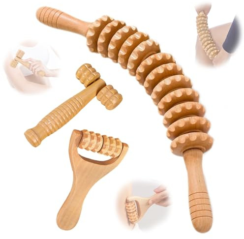 GYHWOFUL 3 Stück Faszienstab Holz – Massageroller mit 12 Rollen für Nacken, Rücken, Beine, Füße & Kieferlinie – Muskelentspannung & Lymphdrainage – Ideal für Zuhause, Büro & Reisen