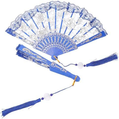 CABODYALS 1 Stück Blauer Handfächer Aus Spitze Faltbar Mit Polyesterquasten Vintage Stil Bestickte Blumesn Transparenter Stoff Blumesnbesatz Handfächer Für Frauen Teeparty Tanzkostüm Party Hochzeitsde