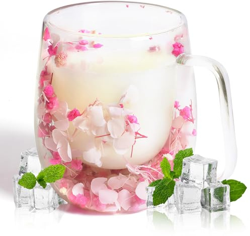 AWSOLAR Doppelwandige Kaffeegläser 350ml, Getrocknete Blumen Glastasse, Teeglas Doppelwandig Geschenke für Frauen Mutter Frau Lehrer Freund