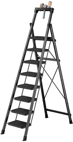 8 Step Ladder,Folding Step Stool with Tool Tray,Portable Sturdy Steel Ladder with Anti-Slip Pedal,Lightweight,Convenient Work Platform,Sturdy Carbon Steel Step Ladder for Adult,Garden,Garage