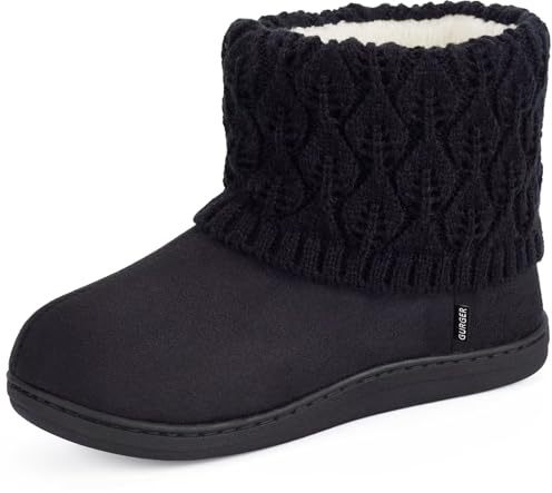 GURGER Hausstiefel Damen Herren Winter Warm Plüsch Gefüttert Hohe Hausschuhe Stiefel Hüttenschuhe mit Strickschaft Schwarz Größe 42 43