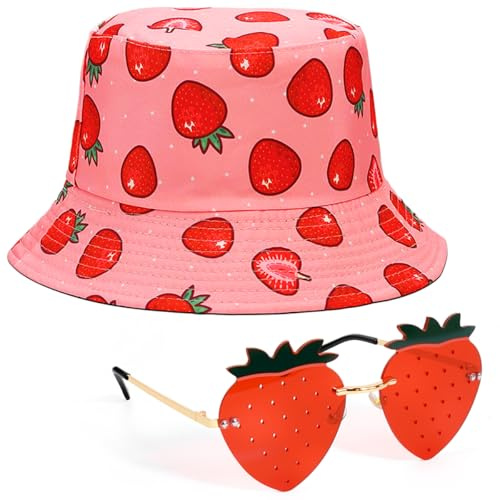 FuxFuis Anglerhut Fischerhut und Erdbeerbrille, Tuch Fischerhüte Rosa Anglerhut Kinder Damen Fischer Hut Kreative Party Hüte Lustig Anglerhut Unisex Sonnenhut für Partys Karneval Bühnenauftritte