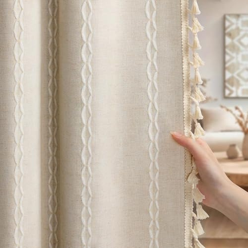 XOGUIBO Boho Blackout Curtains 2 Panels 84 Inch for Living Room Bedroom, Beige Linen Texture Farmhouse Curtains with Tassels and Cotton Embroidery Vintage Rustic Western Rod Pocket