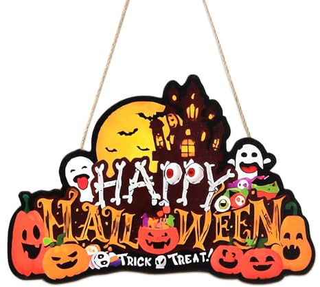 NymphFable Decoración de pared de madera para Halloween de, letreros colgantes con calabazas y fantasmas de Halloween placas para la puerta principal con el lema Truco o trato, decoración de pared