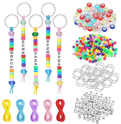 Acidea 557 Stücks Perlen-Schlüsselanhänger Herstellungsset, Schlüsselanhänger Zum Basteln Verstellbare Buchstabenperlenstränge Geschenk Alphabet Perlen Schmuck Schlüsselring Schmuckzubehör