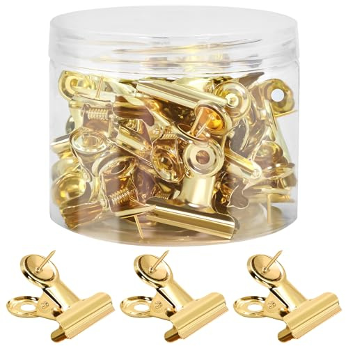 Golden Push Pins Clips (30 Pcs), Upgraded Thumb Tacks with Metal Clips for Cork Board, Bulletin Board Photos Notes Documents, No Hole Paper Clips Durable Office and School Supplies with Stronger Glue