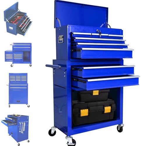 Thaookte Large Rolling Tool Cabinet, 2-in-1 Detachable Metal Tool Chest with 8 Drawers, Wheels, Handle & Hooks, Lockable Tool Box Trolley for Garage Workshop, Warehouse, Blue