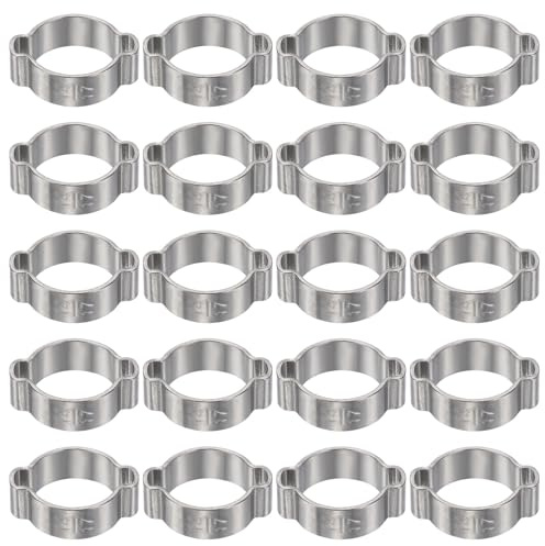 sourcing map 20pcs Double Ear Hose Clamp 14-17 mm 304 Stainless Steel Hose Clamp Double Ear O Clips Crimp Rings for Fuel Line Pipe Tube Fitting Connections, Silver