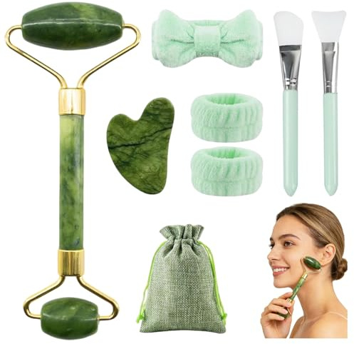 8 Stück Gua Sha Stein and Face Jade Roller Set, Natürlicher Jade Massageroller, Gesichtsroller Massagewerkzeug für Augenschwellungen Routine skincare (Grün) | Gua Sha Gesichtsmassagegerät Jade Roller,Natürlicher Jade Massageroller,Massagewerkzeug für Augenschwellungen Skincare