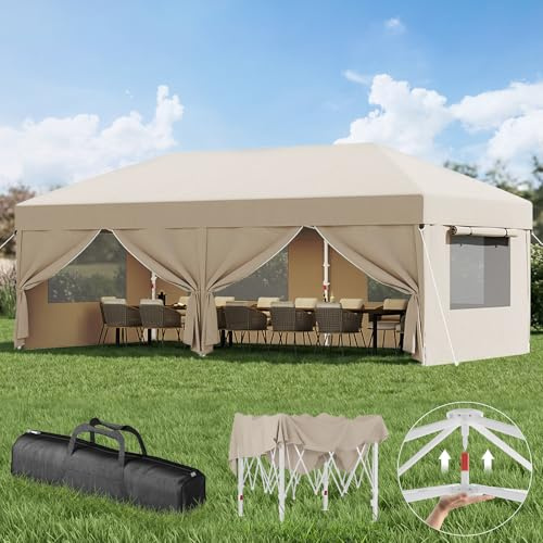 Devoko Belüftetes Netzfenster Faltpavillon, Pavillon 3x6 wasserdicht stabil Winterfest, Pop up Pavillon mit Seitenwänden, UV Schutz 50+, Partyzelt für Gärten, Innenhöfe, Camping. Beige