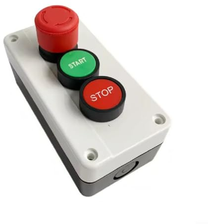 Interruptor pulsador 10 A con carcasa, rojo/verde, parada de emergencia + 2 botones, 2NC+1NO, para contactores y relés, distancia entre orificios 118 x 51 mm