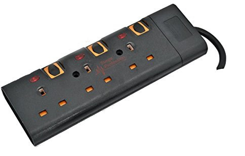 Shine SS_eXT_BK Black 2m Meter Metre 3 Way Gang Switched Surge Protected Extension Lead With LED Indicators