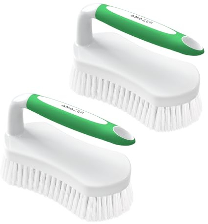 Amazer Scrub Brush for Cleaning Comfort Grip Shower Scrubber Stiff Bristles with Handle Heavy Duty Cleaner Brush for Tub Sink Carpet Floor - Pack of 2 (Green+Green)