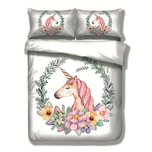 Bettwäsche Set Einzelbett 135x200 3D Einhorn Weißes Pferd Olivenzweig Muster Weiß Bettbezug und Kissenbezug 3 Stück Superfeines Polyester Weich und atmungsaktiv