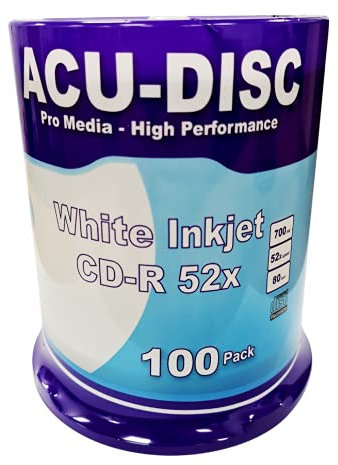 ACU-DISC CD-R Blank 52x 700MB 80 Minutes CD Full Face White Hub Inkjet Printable - 100pk Cake Box